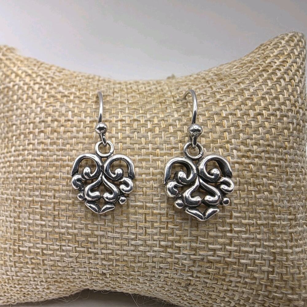 925 Sterling Silver Filigree Heart Open Scroll Drop Dangle Earrings
